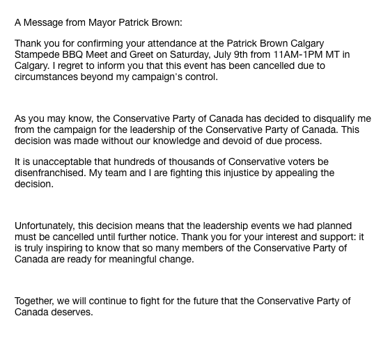CrossBorderPod's tweet photo. Well guess @patrickbrownont will not be in Calgary this weekend. Just got a cancellation notice about his upcoming event. #cdnpoli #cpcleader https://t.co/phfWA1Q23K