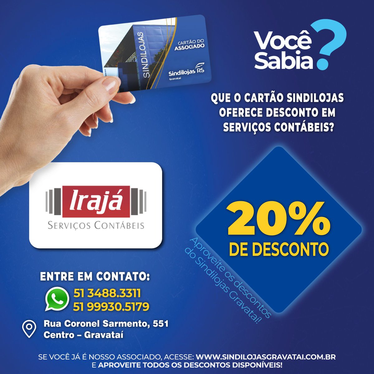 sindilojas's tweet photo. 👉 Com o cartão Sindilojas você tem 20% DE DESCONTO no ESCRITÓRIO IRAJÁ CONTABILIDADE.

Entre em contato pelo fone:
☎️ 51 3488.3311
📲 51 99930.5179

Venha nos visitar: 
 📌 Rua Coronel Sarmento, 551 – Centro – Gravataí

👉 Facebook: @irajacontabilidade 👈 https://t.co/wYMAH43r0h