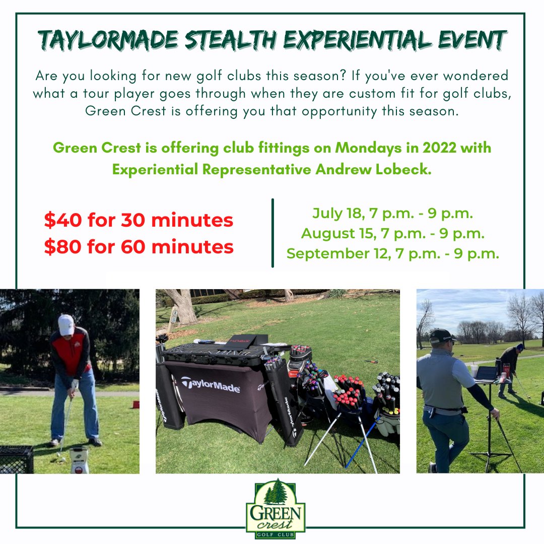 Schedule a club fitting at Green Crest to improve your game!
Click here to sign up for July 18: bit.ly/3bQKntc
Click here to sign up for August 15: bit.ly/3bRr03b