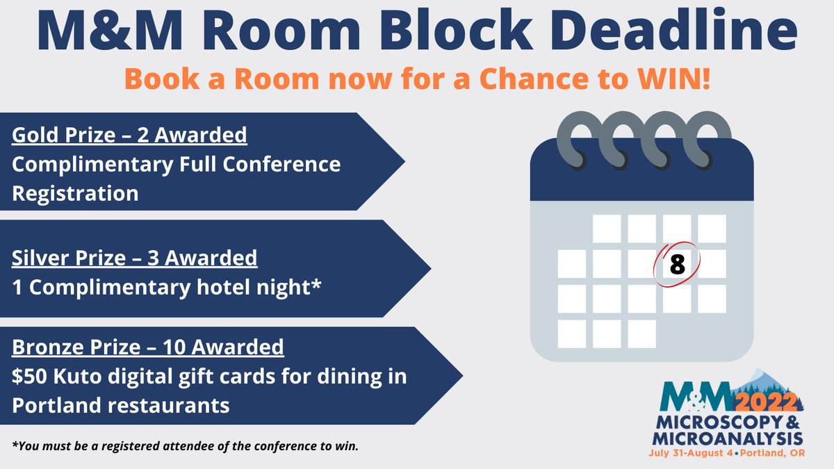 MicroscopySoc's tweet photo. Have you booked a room within the #MM2022Portland housing block? If you haven't, the deadline ends TOMORROW and you could be a winner by booking. Don’t miss this opportunity! https://t.co/ypqwRDGK4C https://t.co/qPZCEDPVQ5