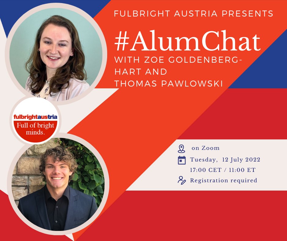 Fulbright_AUT's tweet photo. 📣Upcoming #AlumChat: 2021–22 🇺🇸 Fulbright combined grantees Zoe Goldenberg-Hart and Thomas Pawlowski interview each other to discuss their work with refugees, COVID-19, and adaptability on 12 July 2022 at 17:00 CET.

Register now at https://t.co/FDIRzLWP9Q!

#fullbrightaustria https://t.co/XIRhoy4baO