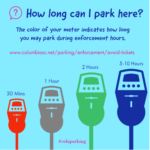 CityofColumbia's tweet photo. Did you know the color of your meter indicates how long you may park during enforcement hours?
#ColaParking shares some details about how to avoid getting parking tickets here: https://t.co/ewNDRn6fPE #WeAreColumbia https://t.co/reYurp23fg