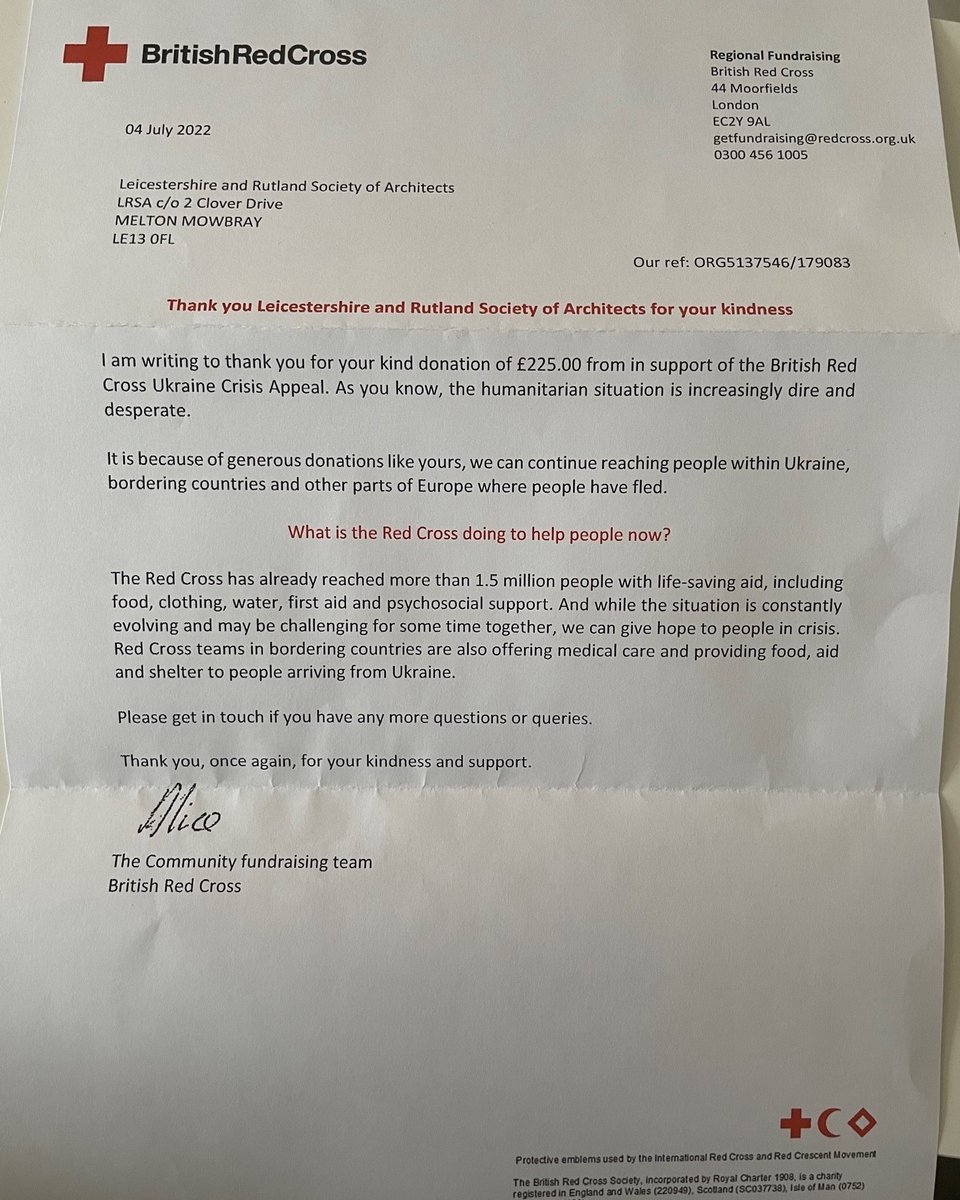 LRSA (@architectslrsa) on Twitter photo A thank you letter from <a href="/BritishRedCross/">British Red Cross 🧡</a> for our donation we raised at our recent pub quiz
<a href="/EHSmithArch/">EH Smith Architectural Solutions</a> <a href="/ribaeastmidland/">RIBA East Midlands</a>
#architectslrsa #architects #leicestershire #rutland #standwithukraine #ukrainecrisisappeal A thank you letter from <a href="/BritishRedCross/">British Red Cross 🧡</a> for our donation we raised at our recent pub quiz
<a href="/EHSmithArch/">EH Smith Architectural Solutions</a> <a href="/ribaeastmidland/">RIBA East Midlands</a>
#architectslrsa #architects #leicestershire #rutland #standwithukraine #ukrainecrisisappeal
