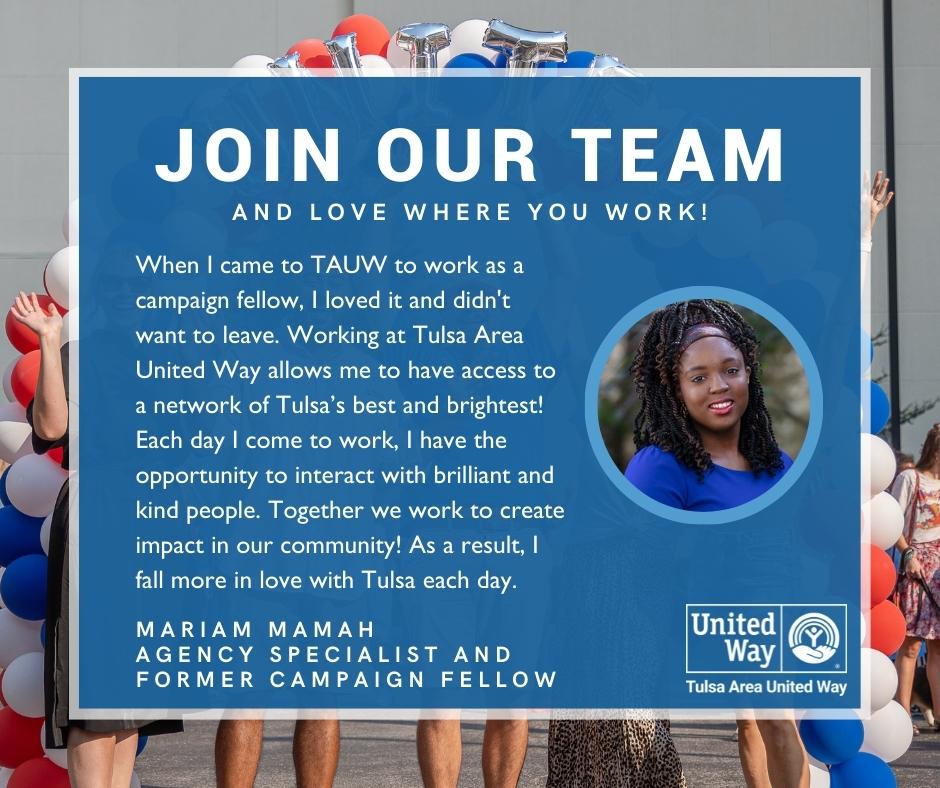 We're hiring 2022 campaign fellows! This position helps Tulsa Area United Way execute our annual campaign. Interested candidates are encouraged to visit tauw.org/jobs before July 15, 2022 to complete an employment interest form #LiveUnited #LoveWhereYouWork #JoinOurTeam