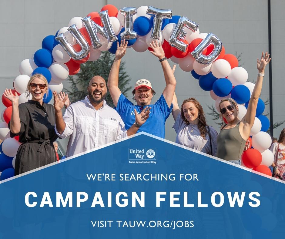 tulsaunitedway's tweet photo. We're hiring 2022 campaign fellows! This position helps Tulsa Area United Way execute our annual campaign. Interested candidates are encouraged to visit https://t.co/TMbYY8MBMj before July 15, 2022 to complete an employment interest form #LiveUnited #LoveWhereYouWork #JoinOurTeam https://t.co/HfX1g3mN3B