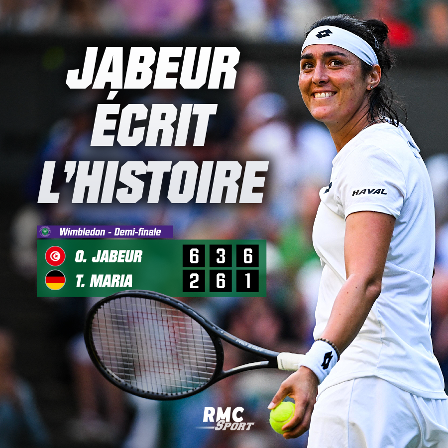 RMCsport's tweet photo. 💥 HISTORIQUE ONS JABEUR !

🇹🇳 La n°2 mondiale se qualifie pour la première fois de sa carrière en finale d'un Grand Chelem en battant Tatjana Maria en demi-finales de Wimbledon  (6-2, 3-6, 6-1). C'est la première fois qu'une joueuse arabe atteint la finale d'un Grand Chelem !