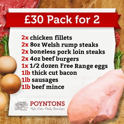 Great for couples or small families, our £30 PACK FOR TWO is chock full of tasty meats to see you through the week. 

You can visit our shops (#Llandudno and #OldColwyn) or place an order online at poyntonsbutchers.co.uk - FREE LOCAL DELIVERY!