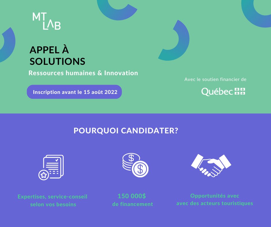 Vous êtes une entreprise innovante du #Quebec en affaires depuis plus d’1 an? Postulez à notre appel à solutions « #RH et #innovation » dédié au #tourisme👉 bit.ly/3nIT9MP
Merci à <a href="/tourisme_quebec/">Tourisme Qc</a> et <a href="/cqrht/">CQRHT</a> pour l'initiative.