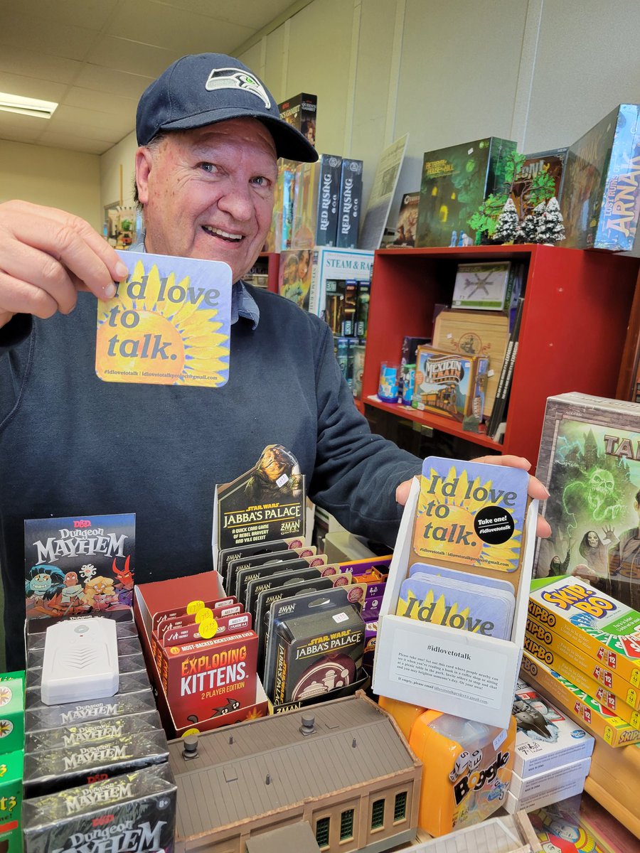Pick up your free I'd Love to Talk card at Railyard GAMES in Parksville. 🎲😊 Use it anywhere you like - cafe, pub, park... ☕️🍺🌲

Set out an I'd Love to Talk card to invite a conversation or spot someone with a card and stop to chat! 

#idlovetotalk #talking2strangers