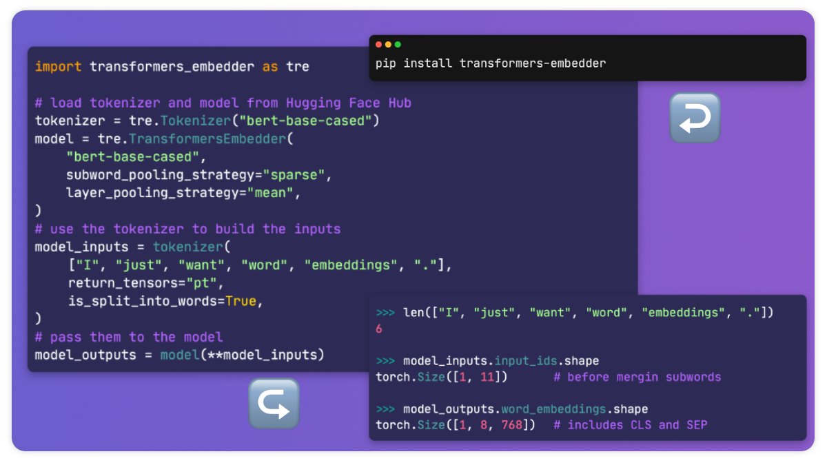 Hey #NLProc, I built this little tool to make working with <a href="/huggingface/">Hugging Face</a> 🤗Transformers a bit easier. If you want to directly access whole-word embeddings hassle-free, give it a try!

👉GitHub: github.com/Riccorl/transf…