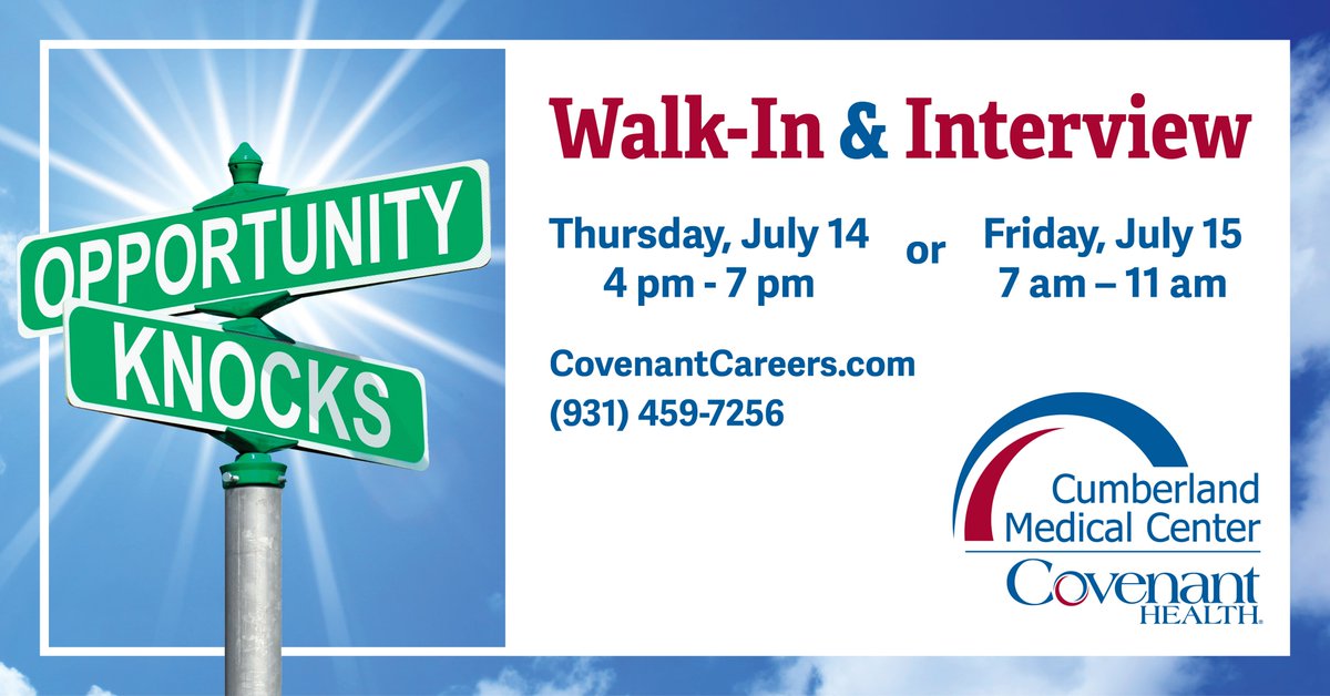 Looking for a job you'll love? Stop by Cumberland Medical Center with your resume on July 14th and 15th for walk-in interviews! For more information and to RSVP, please visit: bit.ly/3NLGe7q