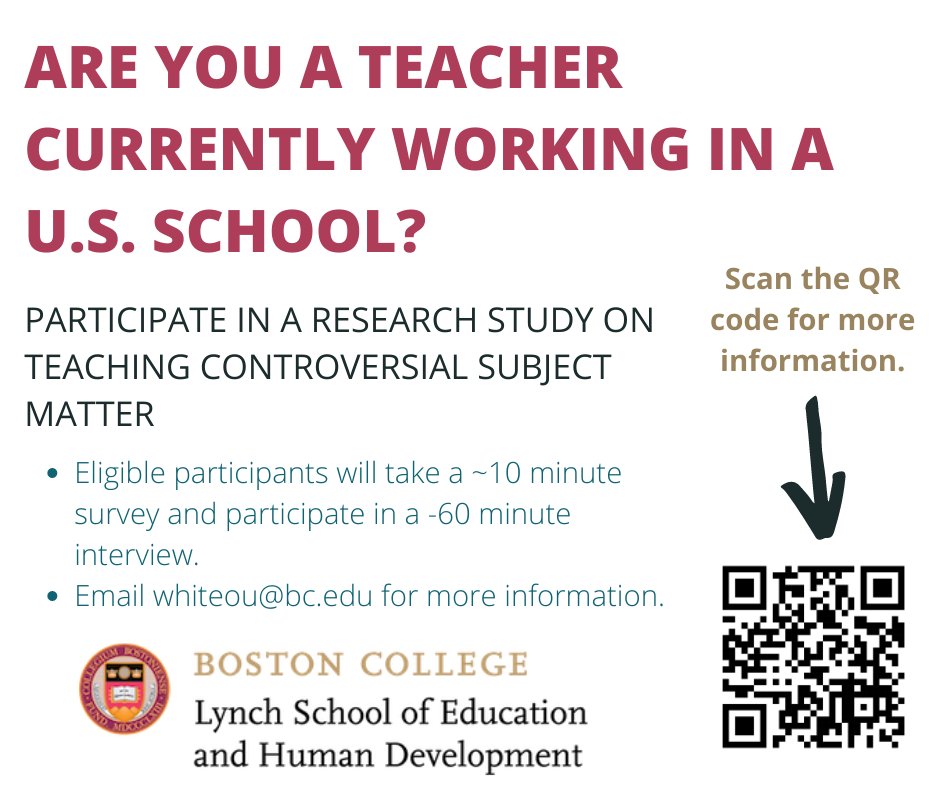 I'm working with a team of graduate researchers/fellow teachers on a research project about how teachers handle controversial subject matter in their classrooms. If you're a current teacher interested in possibly participating, please follow the link in the QR code below!