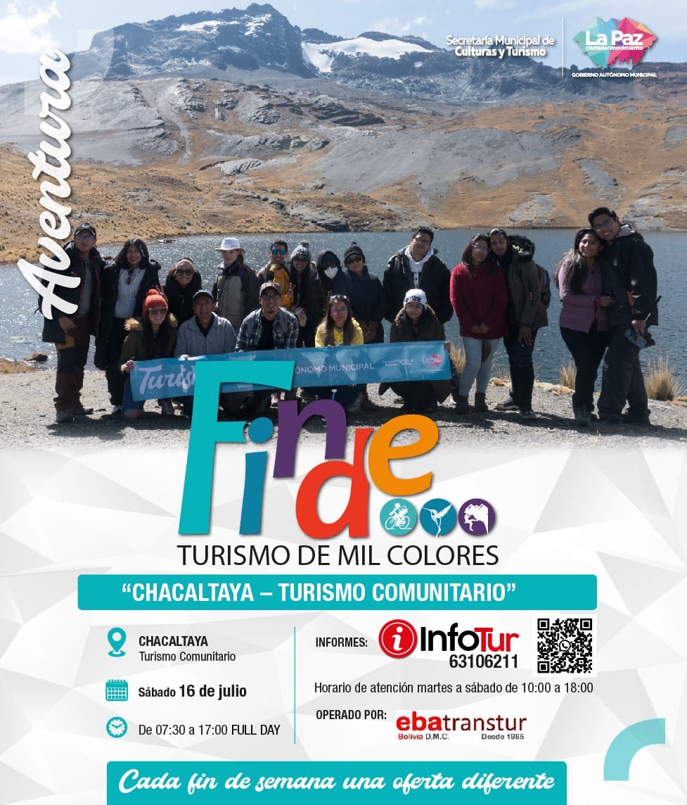 ¡Este fin de semana tenemos una nueva aventura!
Visitaremos la comunidad de Chacaltaya, donde los comunarios te brindarán su hospitalidad, gastronomía y más actividades 
Más información en INFOTUR y al 63106211.
bit.ly/3yPyInu
#LaPazCiudadEnMovimiento 
#FiestasJulias2022