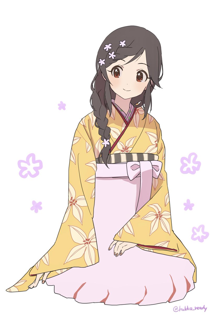 1girl japanese clothes kimono solo braid yellow kimono hair ornament  illustration images