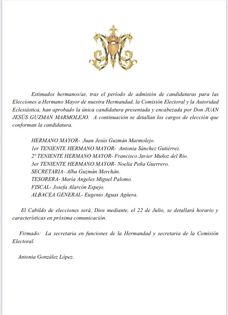 La Autoridad Eclesiástica da su aprobación a la candidatura a Hermano Mayor encabezada por D. Juan Jesús Guzmán Marmolejo, para conformar su Junta de Gobierno correspondiente al periodo 2022-2026. 

#virgendolorescoín #DoloresCoín #CabildoElecciones #CofradíasMLG #CoínMLG