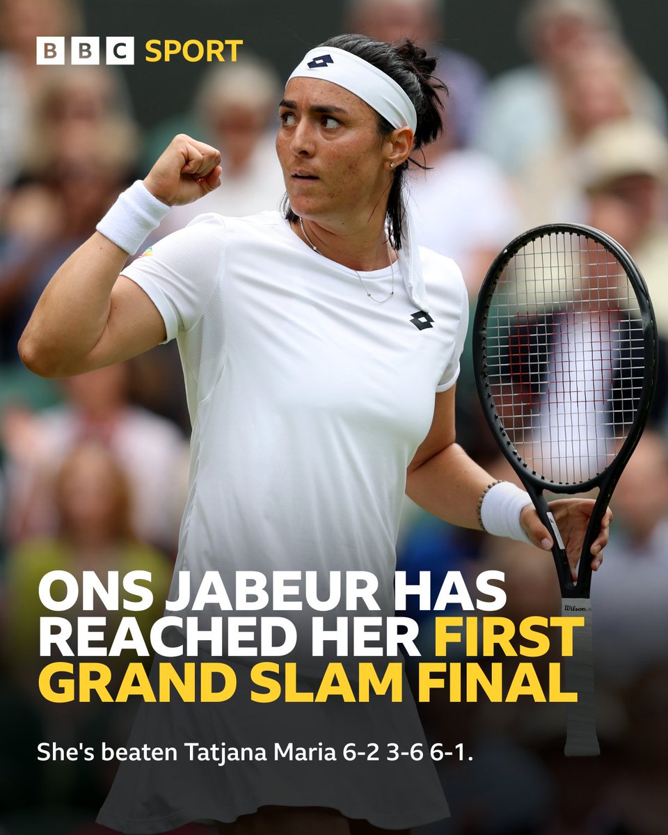 BBCSport's tweet photo. We have our first confirmed singles finalist! 👏

Ons Jabeur 🆚 ...?

#BBCTennis #Wimbledon https://t.co/4MNKhlX7Go