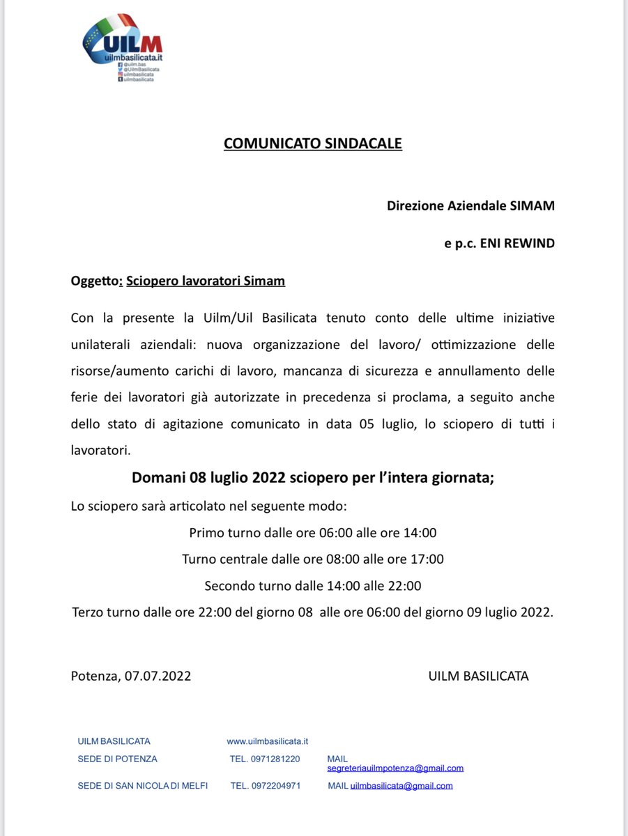 UilmBasilicata's tweet photo. COMUNICATO SINDACALE #Uilm
 Sciopero lavoratori #Simam https://t.co/nt2949M09G