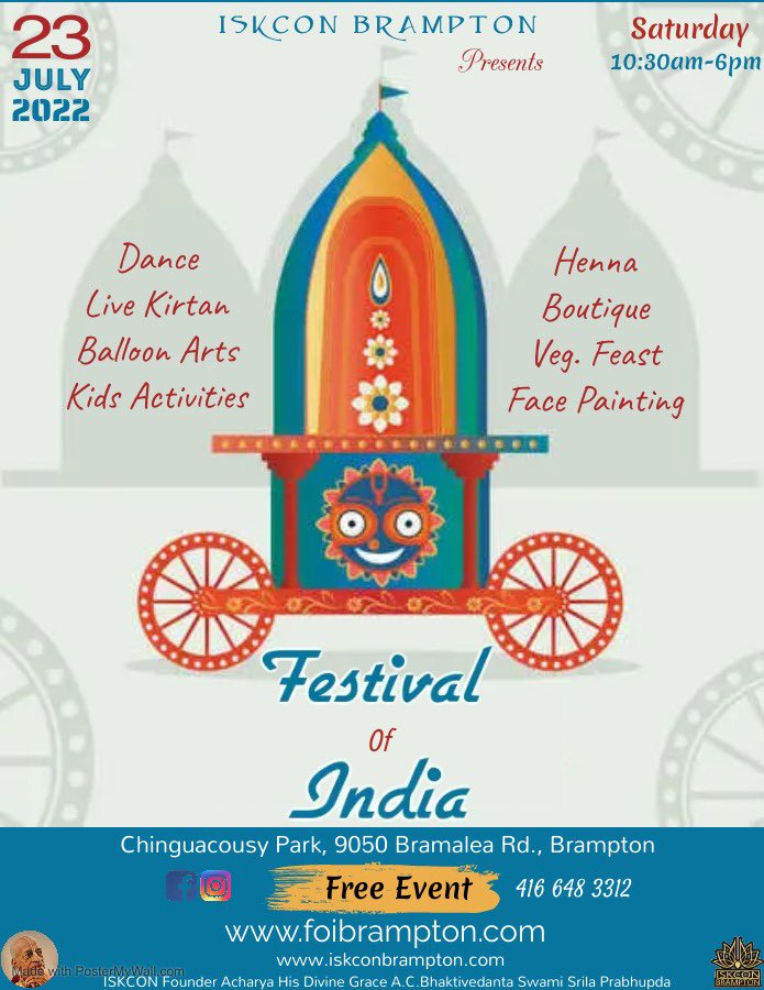 IskconBrampton's tweet photo. Hare Krsna! ISKCON Brampton’s annual Festival of India will be held on 23 July from 10:30am - 6:00pm! The event is FREE and there will be dance, kirtan, balloon art, kids activities and so much more!! Mark your calendars as this event will be one to remember!! 

#rathyatra https://t.co/3LIzEv9lRF
