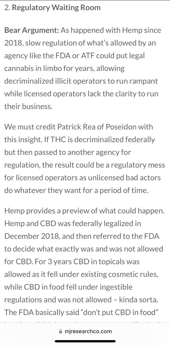 2015 article on descheduling vs legislative routes for #cannabislegalization

FDA would decide based on studies, which catch-22 don’t exist bc illegal

<a href="/SavingPlants/">Colin Ferrian</a> &amp; I noted “regulatory waiting room” at FDA as risk to THC in our Nov 21 Bear Case w <a href="/patrickrea/">Patrick Rea</a> ‘s insight