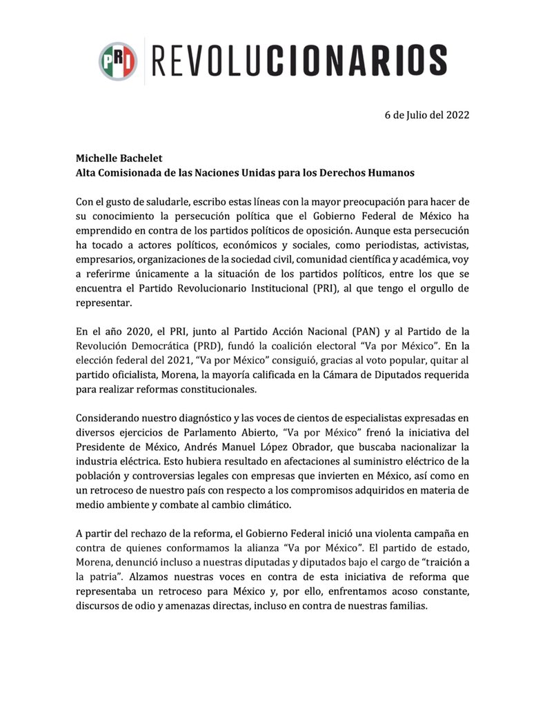 alitomorenoc's tweet photo. Esta es la carta que presenté ante la Oficina de la Alta Comisionada de las Naciones Unidas para los Derechos Humanos. Vamos a exponer el ataque permanente que este Gobierno ha emprendido, en contra de todo aquel que se atreva a pensar diferente. https://t.co/Iy2rfABmNT