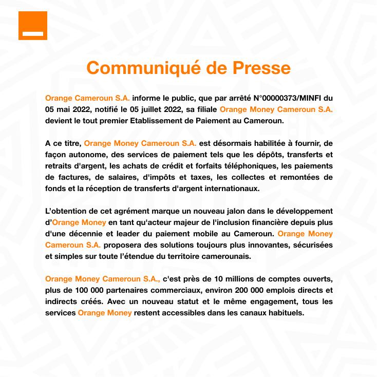 Orange_Cameroun's tweet photo. Orange Money Cameroun S.A. devient le premier Etablissement de Paiement du Cameroun. https://t.co/2iHTikt9up