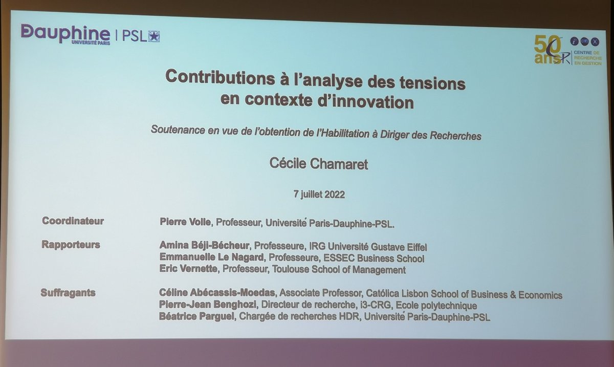 La soutenance d'HDR de <a href="/CecileChamaret/">Cecile Chamaret</a> (<a href="/Polytechnique/">École polytechnique</a>) a eu lieu cet après-midi à l'Université <a href="/Paris_Dauphine/">Université Paris Dauphine - PSL</a>. Elle avait pour titre "Contributions à l'analyse des tensions en contexte d'innovation" et était dirigée par <a href="/pierre_volle/">Pierre Volle</a> (<a href="/DrmErmes/">DRM ERMES</a>).