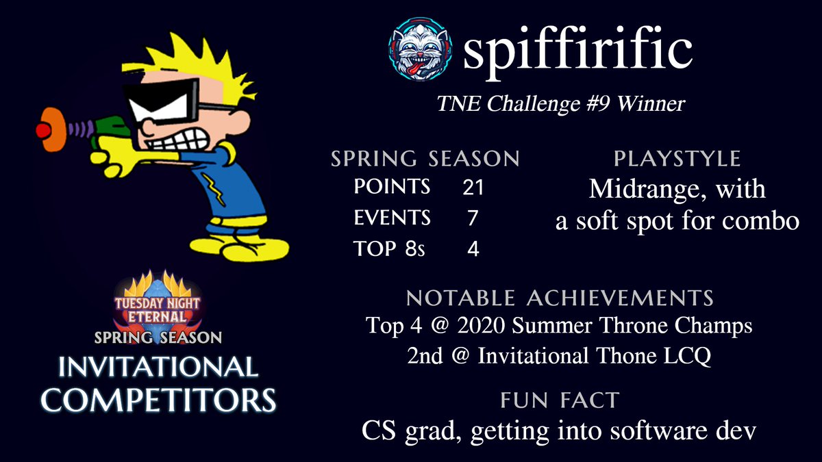 And up against him...

Combrei Aggro. 4F Adept. Skycrag Heroes. Prolific deckbuilder and 2021 LCQ Runner-Up spiffirific has secured his 4th TNE Invitational with innovative deckbuilding all season long. With what creative masterpieces will he use to take down this Invitational?