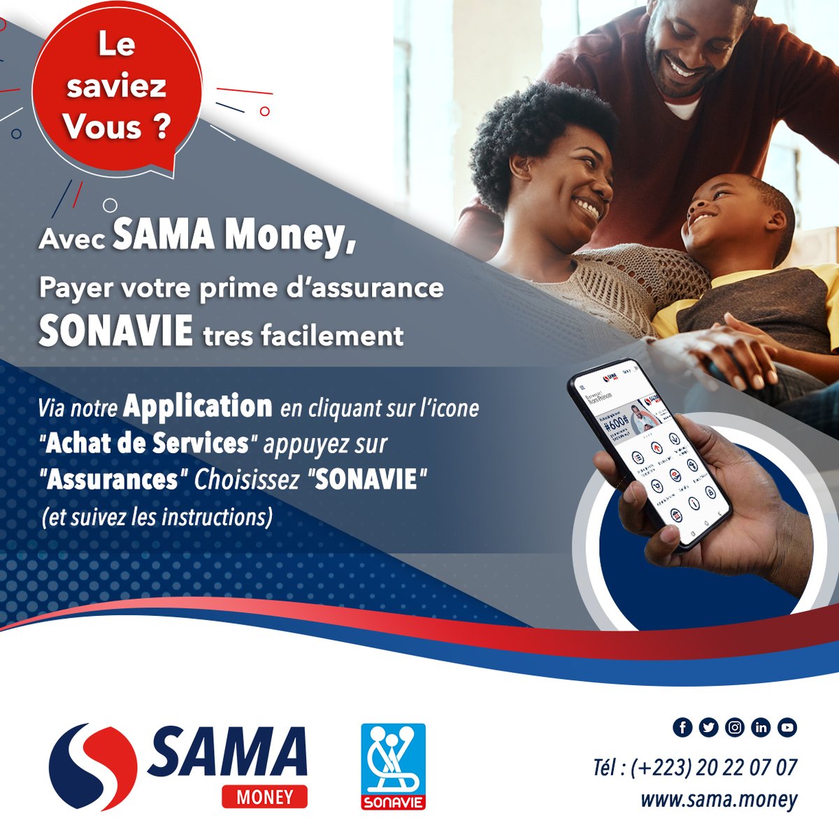 SamaMoneyml's tweet photo. Payer votre prime d'assurance SONAVIE avec SAMA Money.
#SamaMoney #TransfertDargent #PaiementMobile #SONAVIE https://t.co/Bb5r6980Pg