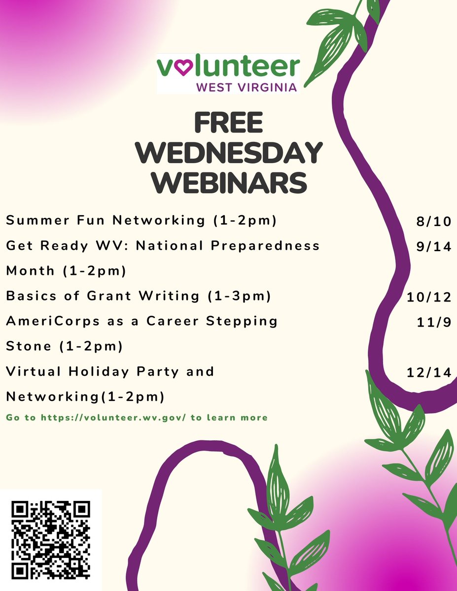 Volunteer West Virginia has amazing opportunities that you don't want to miss! Check out the lineup for #freewebinars we are hosting for the year. You don't want to miss this! Visit volunteer.wv.gov/OtherPrograms/… to learn more! #americorps #volunteer #networking