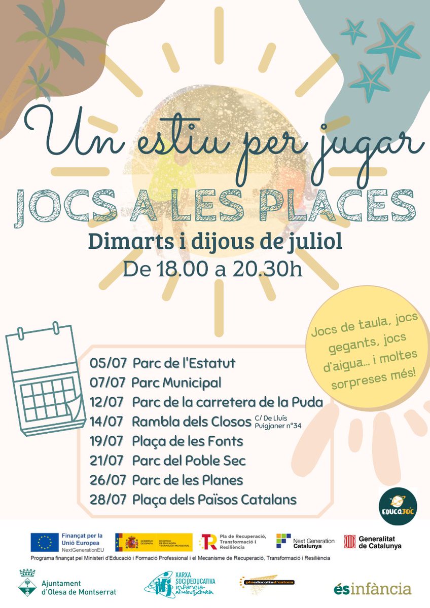 🔴 #JOCS A LES PLACES: PARC MUNICIPAL

🎲 Aquesta tarda torna la #diversió i l'#aprenentatge a les places i parcs de la vila. Nova sessió de jocs per a joves i infants a #Olesa! 

⏰ Al Parc Municipal, aquesta tarda a les 18.00 h.

#estiu
