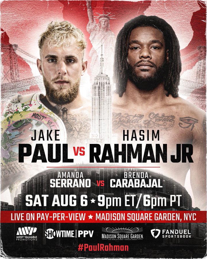 It's official! Jake Paul vs Hasim Rahman Jr. poster arrives for Aug. 6  boxing match with Tommy Fury out - MMAmania.com