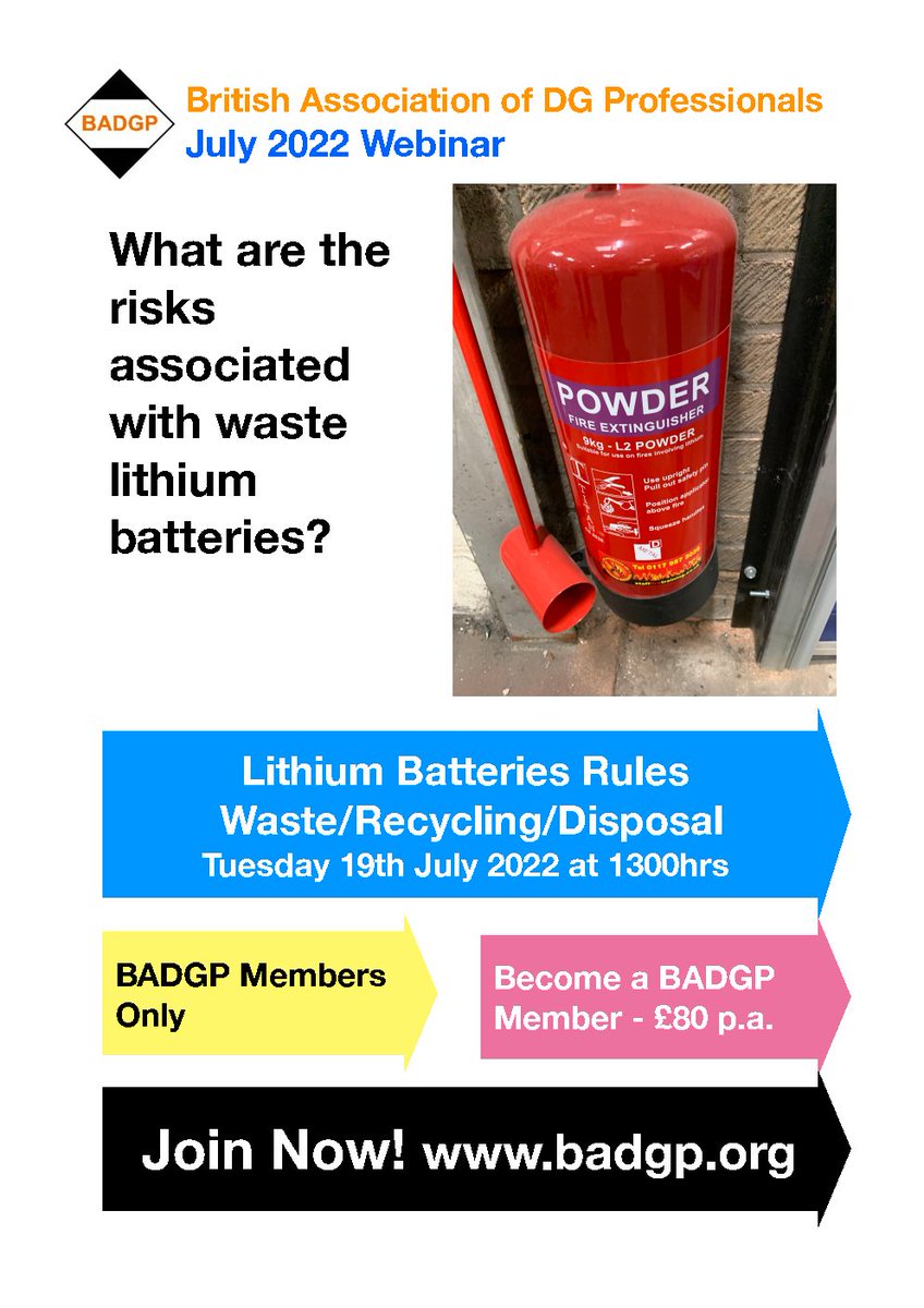 badgp_dgsa's tweet photo. BADGP Webinar: Lithium Batteries Rules - Waste/Recycling/Disposal
1300hrs Tuesday 19th July 2022.
For more information and to register please visit: https://t.co/EcGm3tiiia
#lithiumbatteries #batteries #dangerousgoods #badgp https://t.co/YG8Mss3LVg
