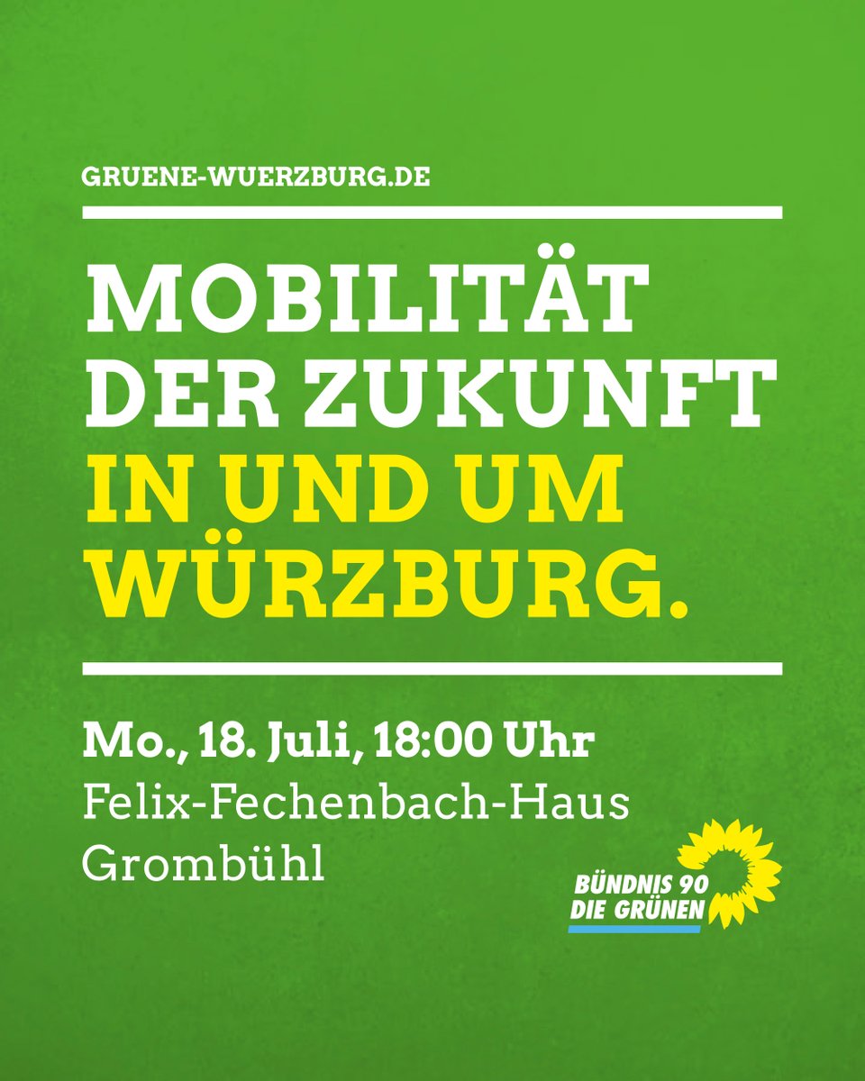 📣 📆 Am Mo, 18.7., spreche ich ab 18 Uhr mit @GrueneWuerzburg über die Mobilität der Zukunft in & um Würzburg. Mit dabei sind außerdem @DehneNik & @MarieBuechner Schaut's gern vorbei, wir freuen uns auf euch & eine angeregte Diskussion. 🌻 Mehr Infos: markus-buechler.de/termine/mobili…