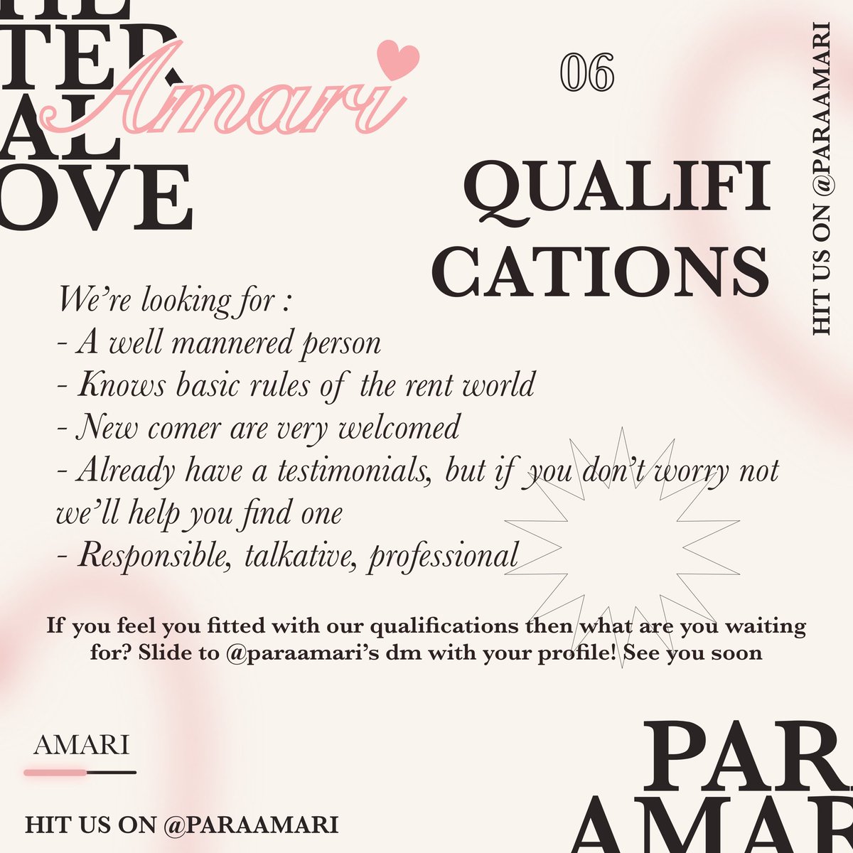 saatamos's tweet photo. 𝒜𝐌𝐀𝐑𝐈 𝐈𝐒 𝐋𝐎𝐎𝐊𝐈𝐍𝐆 𝐅𝐎𝐑 𝐌𝐄𝐌𝐁𝐄𝐑𝐒

Amari finally opens the gate for you who want to join our family!

Be one of our Para Amari! If you have any questions, just slides through @paraamari’s dm. See you very soon! https://t.co/11ygoGHT1X
