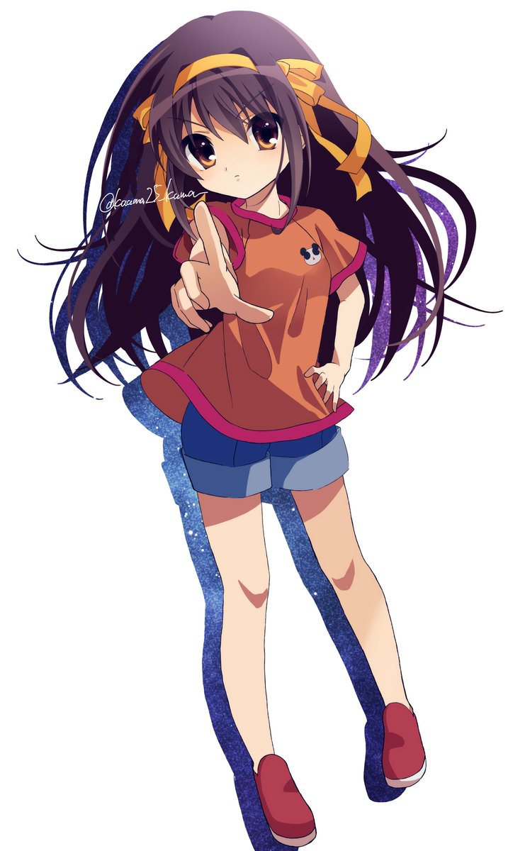 suzumiya haruhi 1girl solo shorts long hair brown eyes brown hair shirt  illustration images