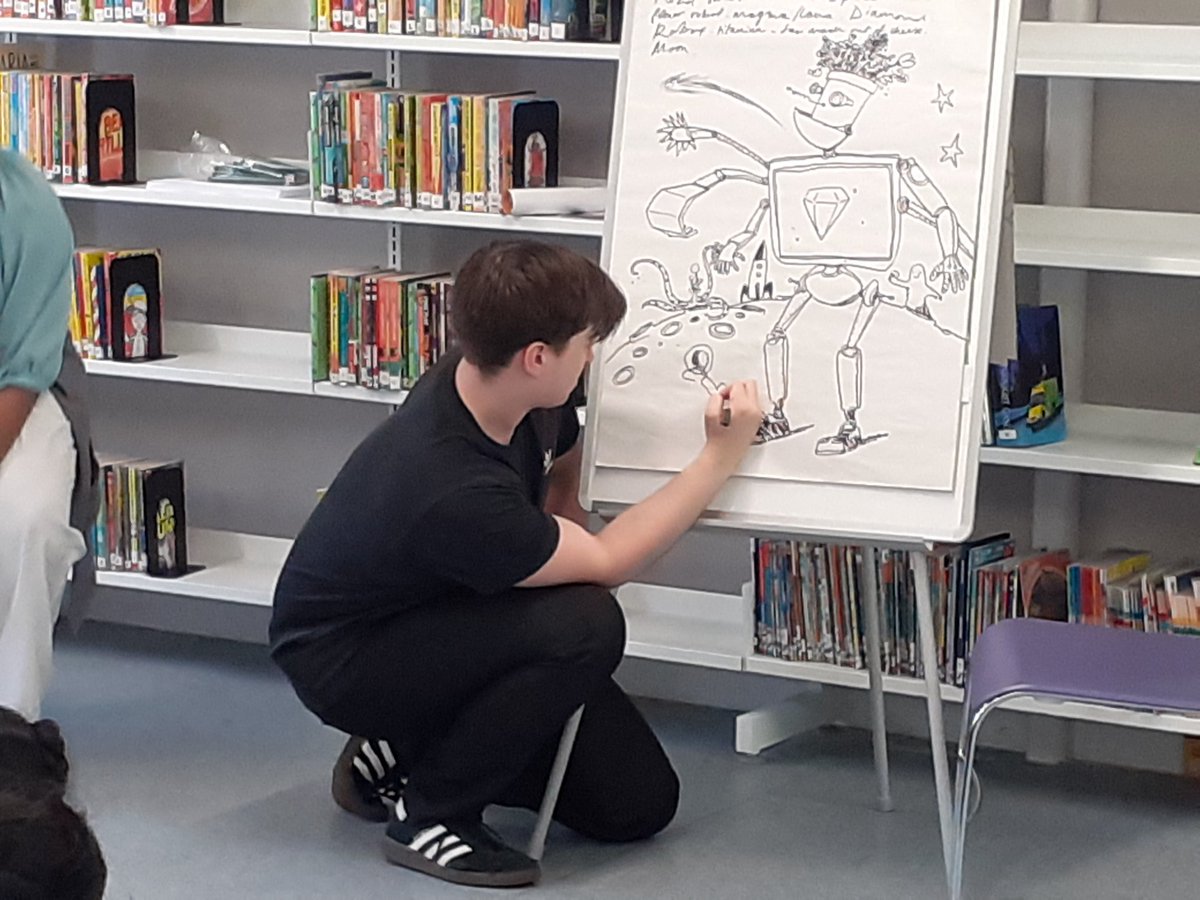 MancLibraries's tweet photo. This lively class from CheethamCE Primary produced some great robot inventions for our #Gadgeteers Summer Reading Challenge drawing session at #AbrahamMossLibrary with @IanMorris_22 - we had a fantasmagorical time! Thanks Ian! @ReadMCR @Literacy_Trust https://t.co/ulEYi9IVLX https://t.co/qRg92vp0IL