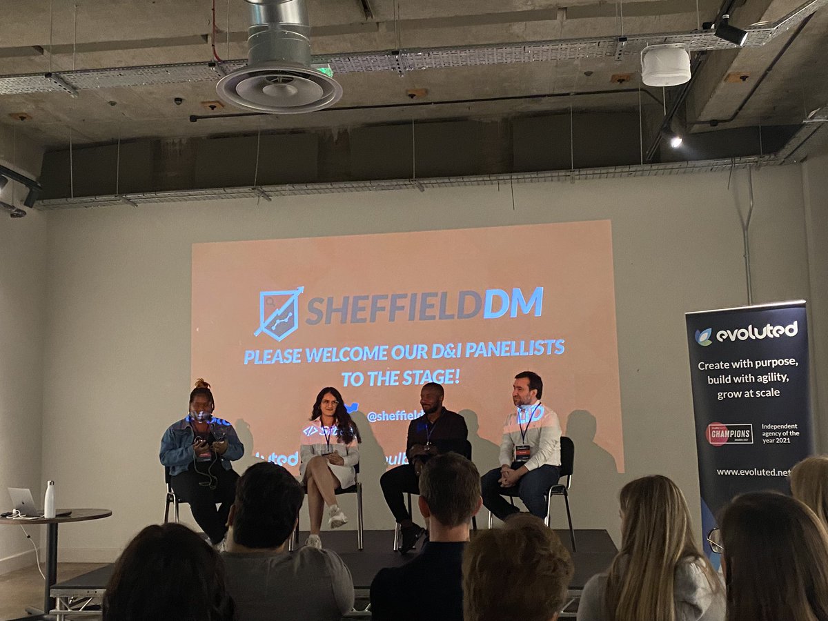 Very meaningful conversation is going on at the <a href="/SheffieldDM/">Sheffield DM</a> conference. 

Diversity &amp; Inclusion panel with <a href="/Khushal/">Khushal</a> <a href="/saffronshergill/">Saffron Shergill</a> and <a href="/ThierryAlain/">👑 Thierry</a> hosted by <a href="/RejiYates/">Reji</a>