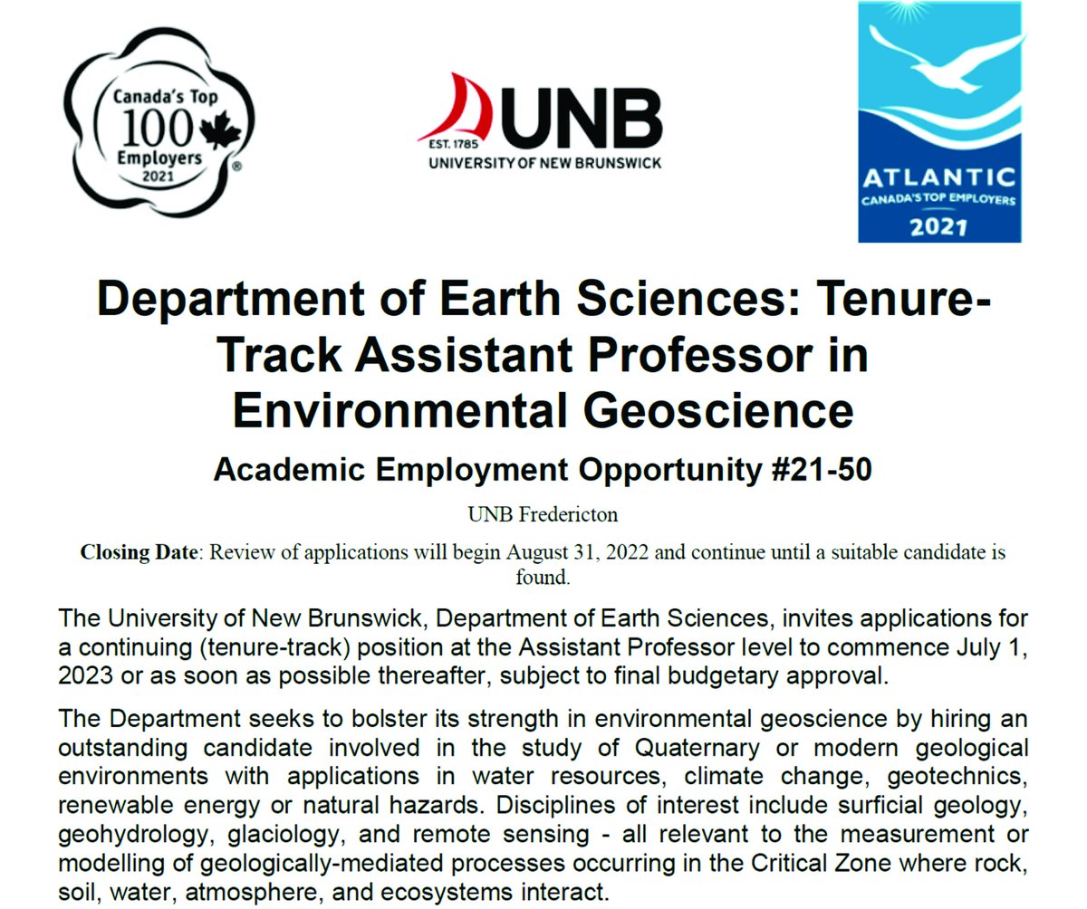 PerosLab's tweet photo. Tenure-track position in Quaternary Sciences @UNBFredericton in New Brunswick, Canada. Deadline Aug 31, 2022. Please RT. https://t.co/HBwvKaiC14