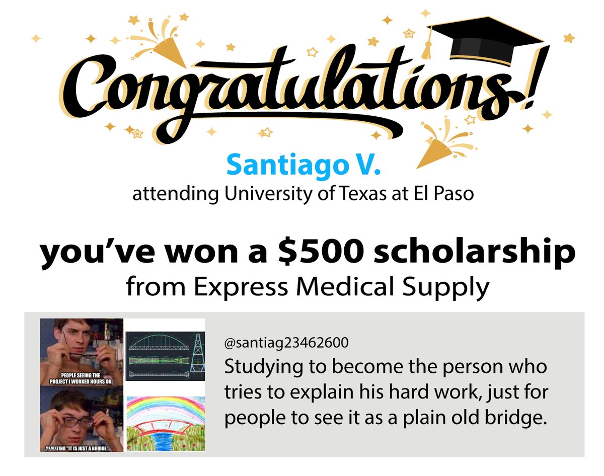 Express_Medical's tweet photo. Did you know that Express Medical has given away THOUSANDS in college scholarships? A BIG congrats to our latest scholarship recipient, Santiago V. https://t.co/LbJDdt5DRe