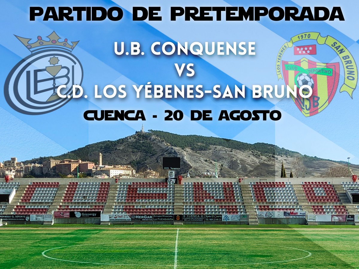 UBConquense's tweet photo. 📢 #InfoUBC
¡Partido confirmado de pretemporada! El 20 de agosto el primer equipo disputará un encuentro Cuenca ante el CD Los Yébenes - San Bruno madrileño.
✳ (Encuentro sujeto a modificación)
❗ Se informará próximamente del lugar de celebración del partido
#ConquenseAlé https://t.co/wTuuJyD4aO