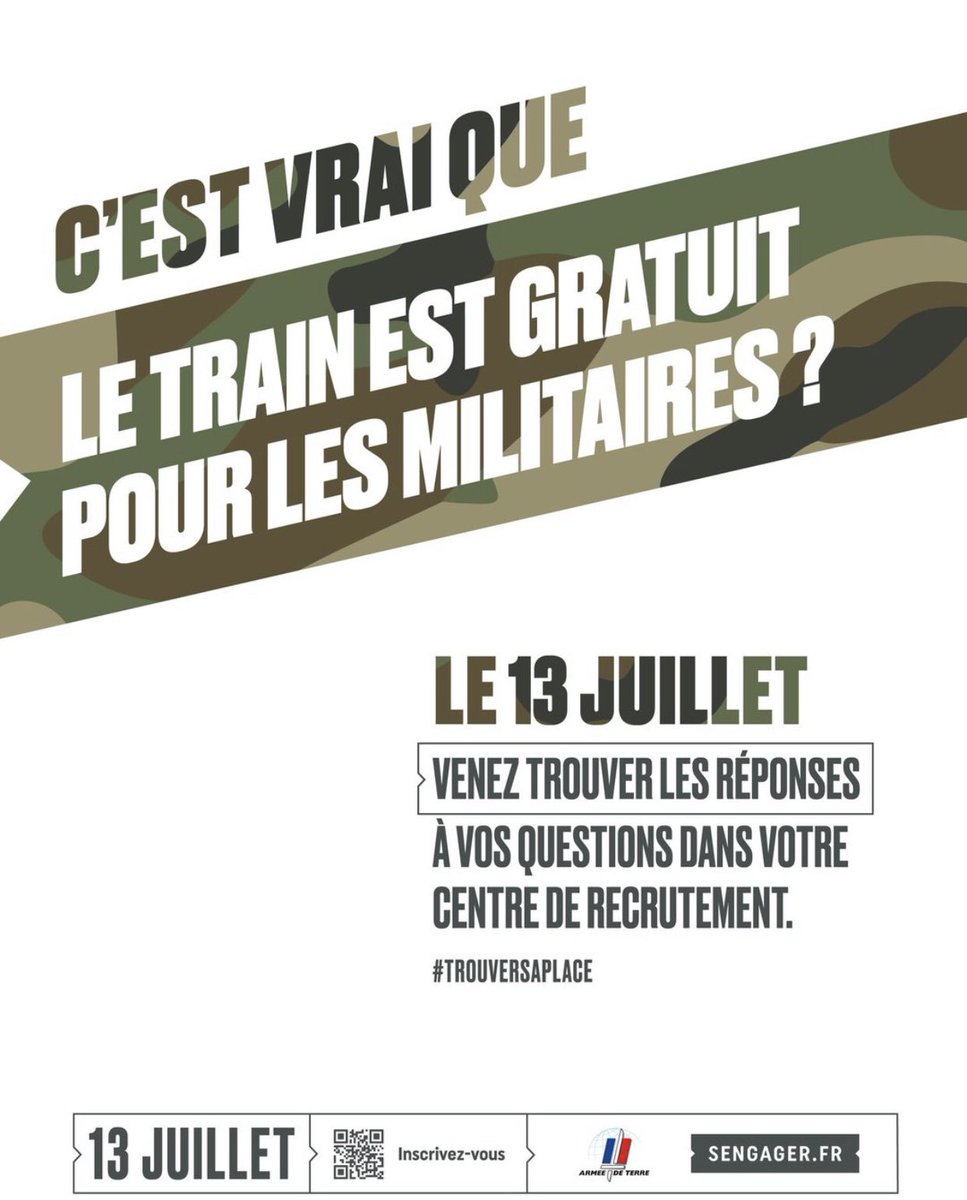 Armée de Terre, pomme de terre ? 🪖

📍Venez à la rencontre de vrais soldats le 13 juillet prochain dans le CIRFA de votre département pour casser les idées reçues !

➡️ Découvertes et expériences garanties !
#TrouverSaPlace #recrutements #informations #parcoursup2022