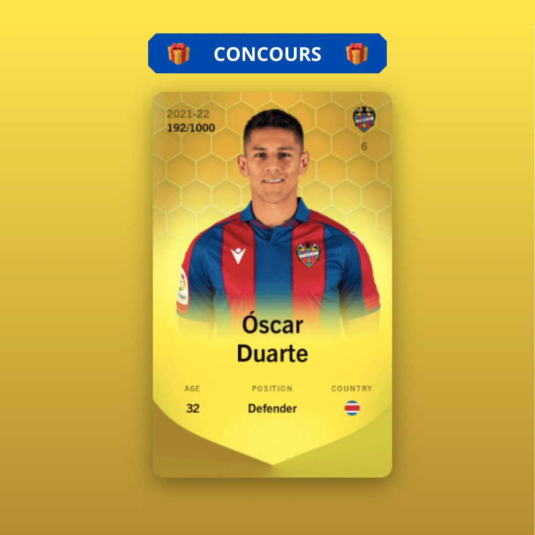 EliteSorare's tweet photo. 🎁 CONCOURS SORARE 🎁

Tente de gagner la carte Limited de : Oscar Duarte 🔥

1️⃣ Follow @EliteSorare 
2️⃣ RT♻️
3️⃣ Identifie 2 fans de Sorare 

Fin du concours le 10/07 à 19h ⏰

Bonne chance à tous 🍀

#Sorare #Concours #Giveaway #NFTs #NFTGiveaway #Crypto #Ethereum #ETH https://t.co/EOZeVUTQPt