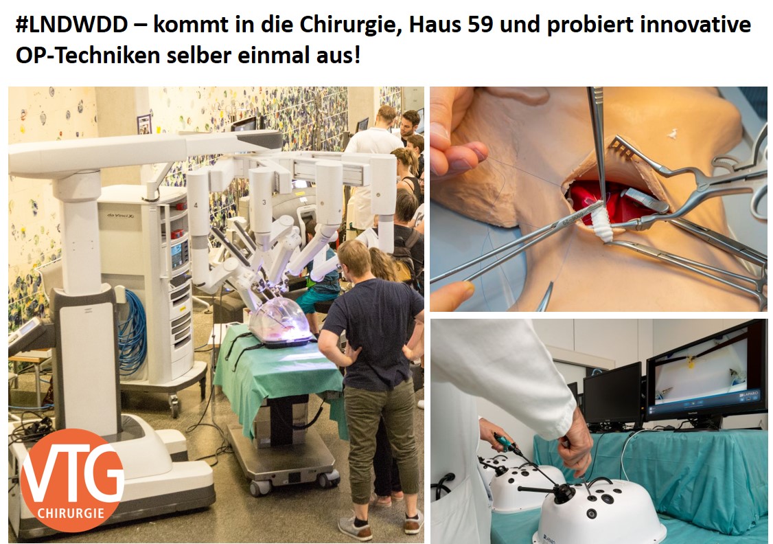 Ihr wollt innovative OP-Techniken in der Chirurgie kennenlernen und einen Operationsroboter selber steuern? Dann kommt zu uns ins Foyer von Haus 59. Zur Langen Nacht der Wissenschaften @tudresden_de am 8. Juli öffnen wir die Türen. #VTGChirurgie #LNDWDD #Dresden