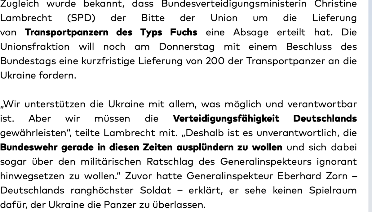 fuecks's tweet photo. Keine Leos, keine Marder, keine Transportpanzer für die #Ukraine. Russland treibt seine Offensive mit einer Übermacht an Waffen voran, die deutsche Verteidigungsministerin verwahrt sich gegen die "Ausplünderung"(!) der Bundeswehr. Die Wortwahl spricht Bände. /1 https://t.co/bUZNONIORb