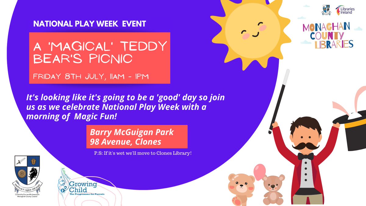 MonaghanCounty's tweet photo. What do you get when you cross a Teddy Bear's Picnic with a Magic show?  Find out tomorrow at 11am in Barry McGuigan Park, Clones from 11am!  Free and Open to all. 
#NationalPlayWeek
@MonaghanCoCo https://t.co/UjGEm5H1tK