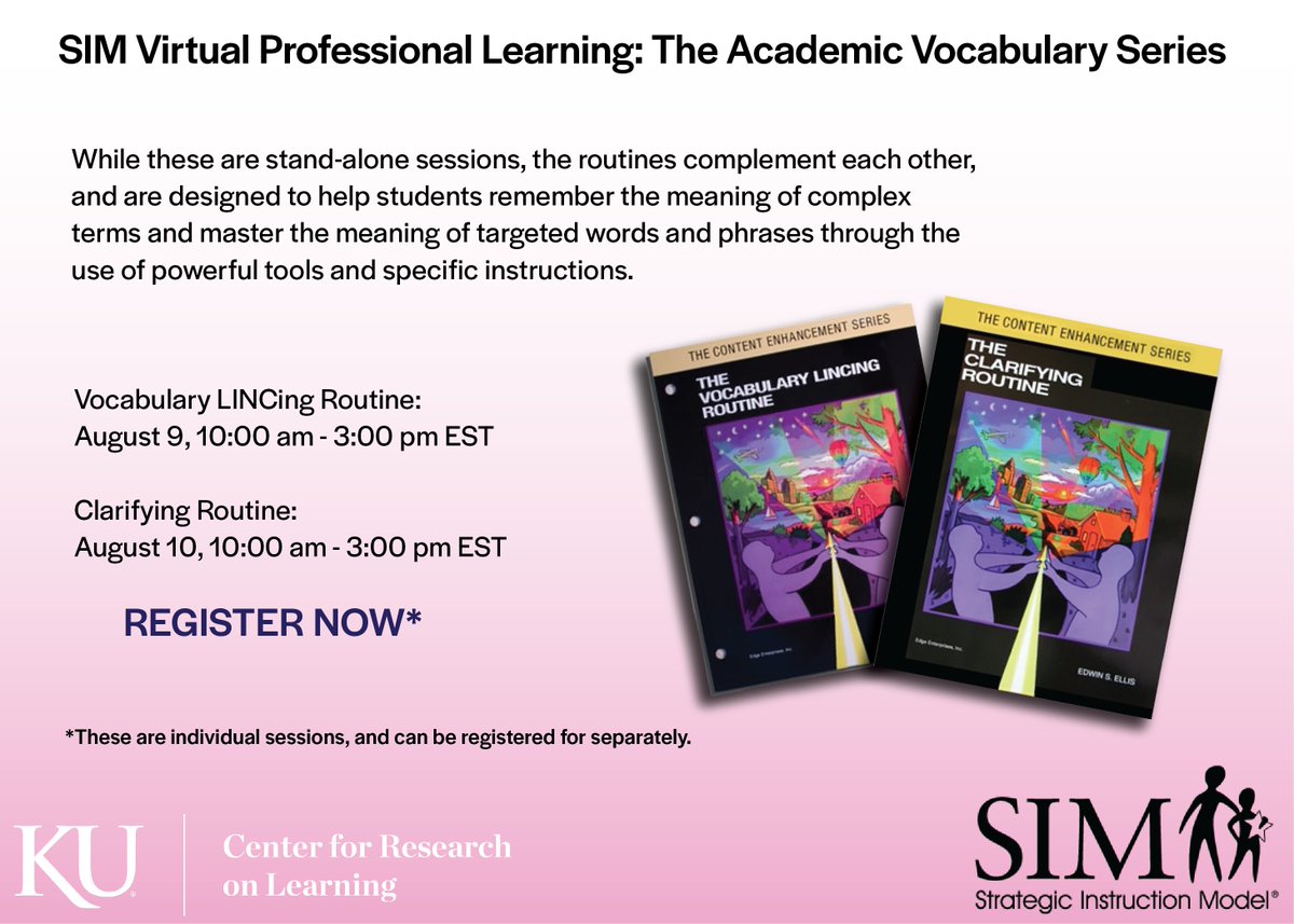We hope you'll join us for online learning with the the Academic Vocabulary Series in August, featuring the Vocabulary LINCing Routine and the Clarifying Routine. Register today! sim.ku.edu/sim-event-2022…