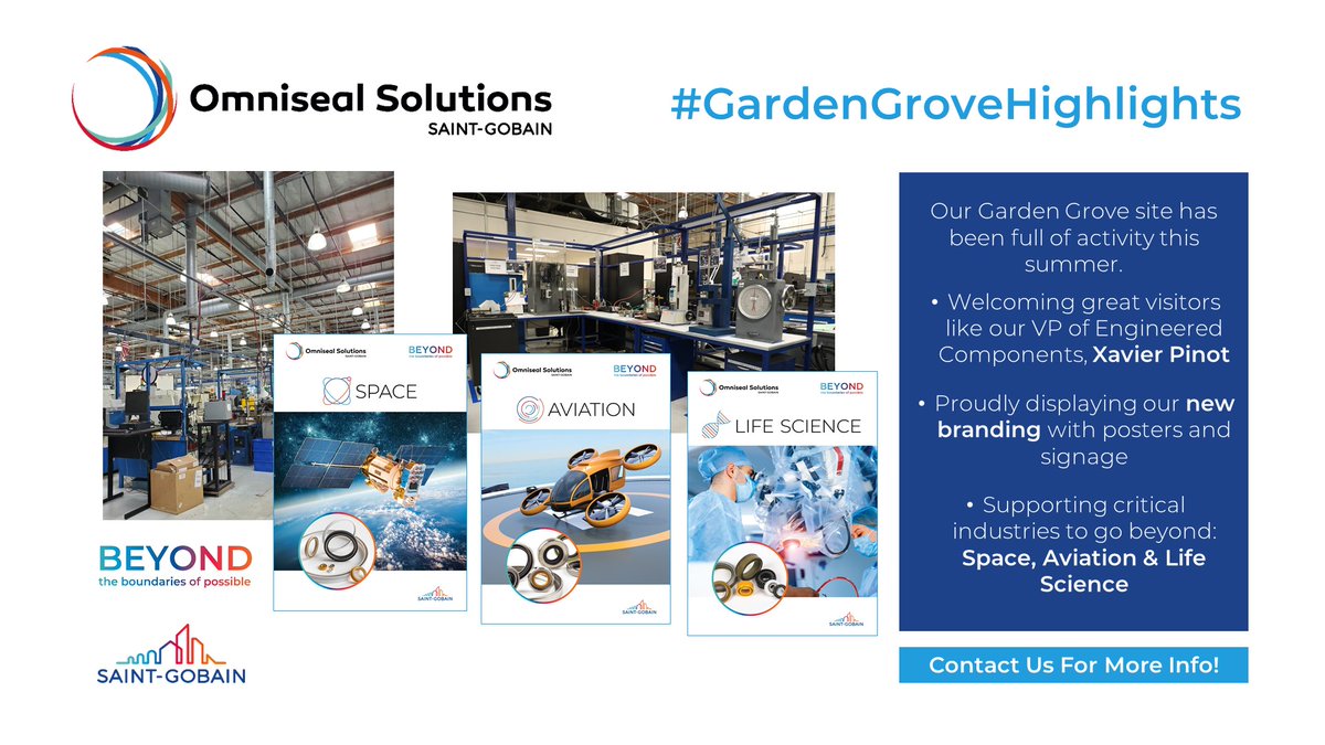 Beyond_Omniseal's tweet image. Our Garden Grove #manufacturing site has been busy this summer. We welcomed Xavier Pinot, our VP of #engineeredcomponents, &amp;amp; shared new branding with posters/signage. We featured #polymer seals used in space, aviation &amp;amp; life science. Contact us for more. hubs.li/Q01gkYn_0