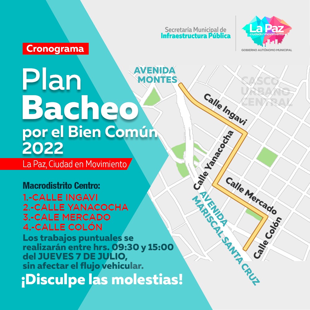 LaPazAlcaldia's tweet photo. #GAMLPInforma | Conoce el Plan Bacheo para este jueves 7 de julio.
¡Disculpe las molestias!
#LaPazEnMovimiento
#FiestasJulias2022
#PorElBienComún https://t.co/YTYuF2PYSS