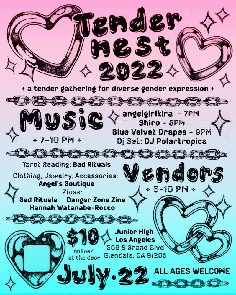 my first little vendor event is coming to @juniorhighLA and I couldn’t be happier! Friday 7/22 6-10PM ALL AGES $10 online/at the door :))
#losangelesmusic #vendor #tender #tendernest2022 #music #zines #tarot #allages