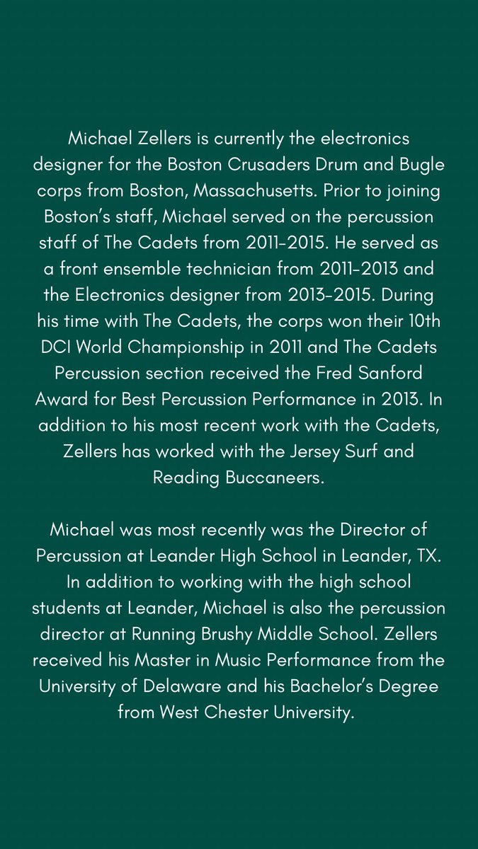 We are excited to welcome Stevenson University’s new Assistant Director of Bands and Percussion Coordinator Michael Zellers!